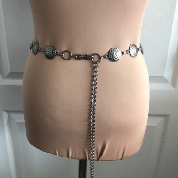 VTG Silver Tone Hammered Metal Medallion Belly Body Chain Link Belt main image 5